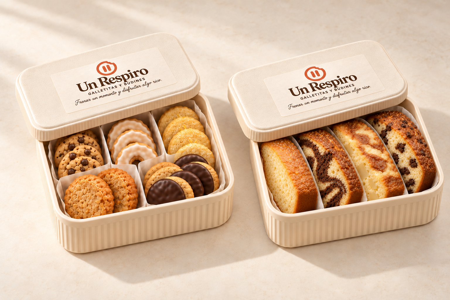 Dos cajas crema acanaladas, abiertas con galletitas surtidas y porciones de budín